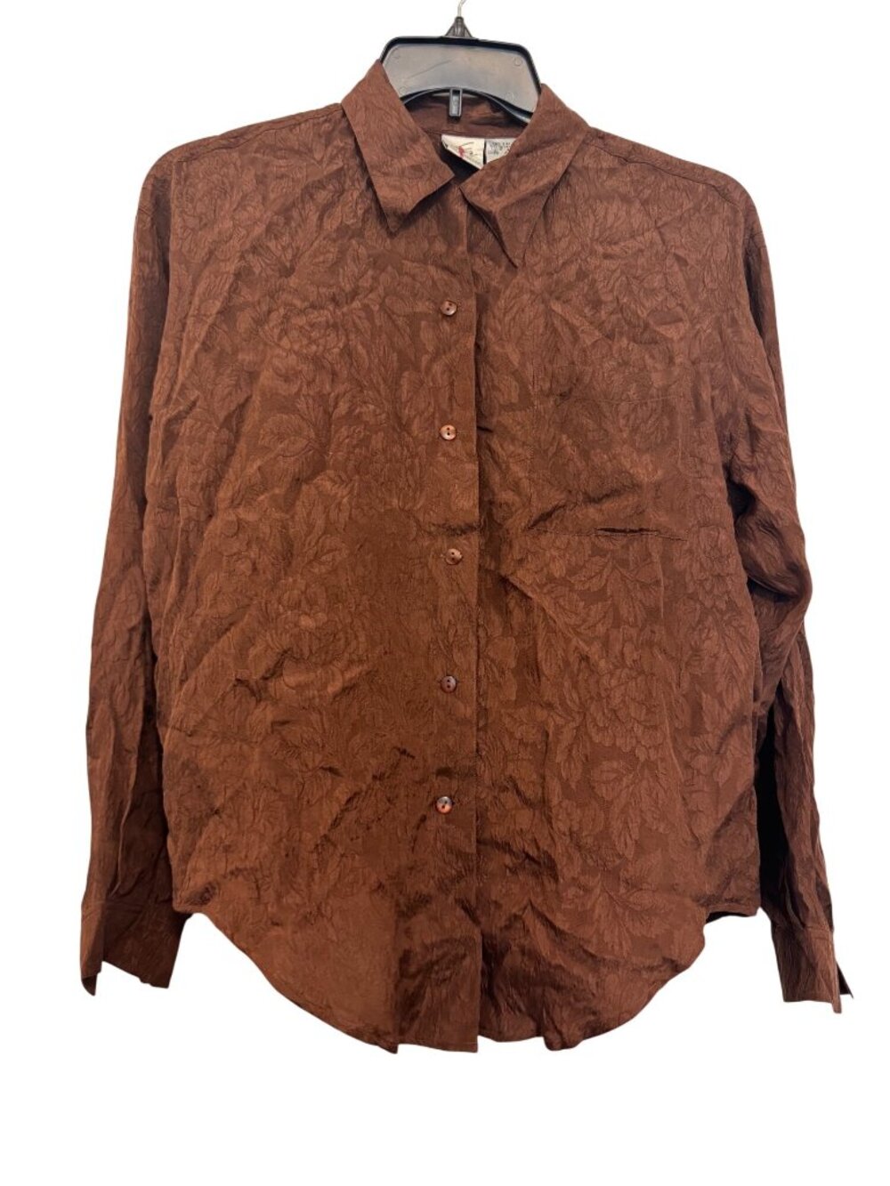 Vintage M.J. Carroll Womens size M Brown Floral Textured Silk Button-Up Shirt